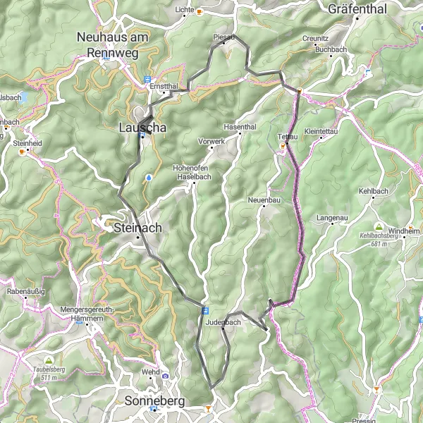 Karten-Miniaturansicht der Radinspiration "Radtour von Lauscha nach Steinach über Rehsprung" in Thüringen, Germany. Erstellt vom Tarmacs.app-Routenplaner für Radtouren