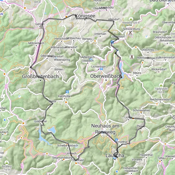 Map miniature of "The Challenging Climbs" cycling inspiration in Thüringen, Germany. Generated by Tarmacs.app cycling route planner