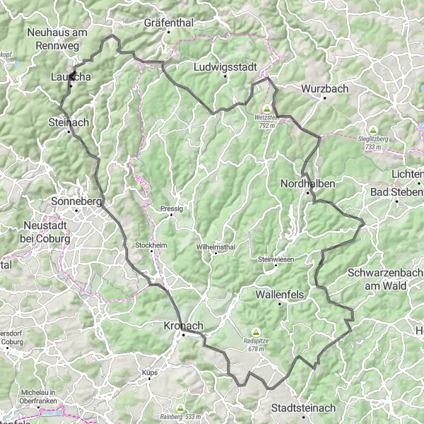 Map miniature of "Ultimate Thuringian Road Adventure" cycling inspiration in Thüringen, Germany. Generated by Tarmacs.app cycling route planner