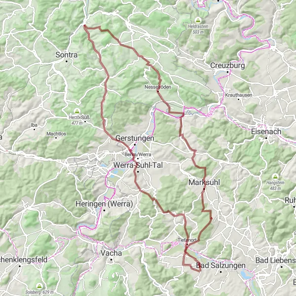 Map miniature of "From Tiefenort to Wolfsberg" cycling inspiration in Thüringen, Germany. Generated by Tarmacs.app cycling route planner