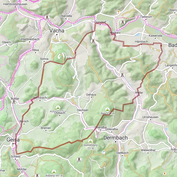 Map miniature of "Immersive Geisa Adventure" cycling inspiration in Thüringen, Germany. Generated by Tarmacs.app cycling route planner