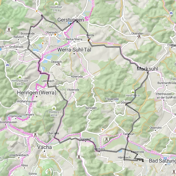 Map miniature of "Road to Fuldaischer Berg" cycling inspiration in Thüringen, Germany. Generated by Tarmacs.app cycling route planner