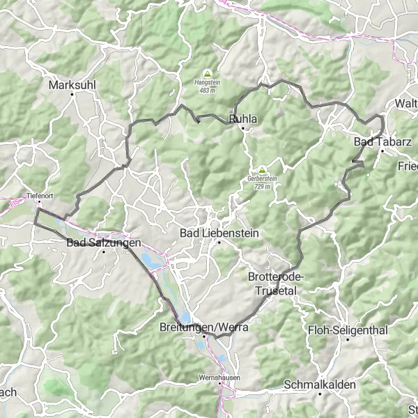 Map miniature of "Kaiseroda to Bad Salzungen Road Cycling Route" cycling inspiration in Thüringen, Germany. Generated by Tarmacs.app cycling route planner