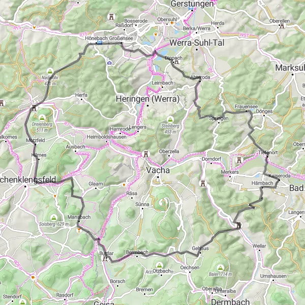 Map miniature of "Lindenberg to Lichtberg Road Cycling Route" cycling inspiration in Thüringen, Germany. Generated by Tarmacs.app cycling route planner