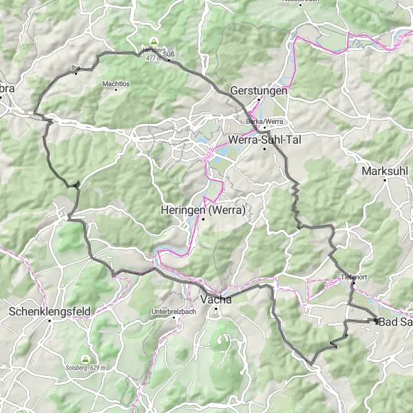 Karten-Miniaturansicht der Radinspiration "Hügelland-Runde Leimbach" in Thüringen, Germany. Erstellt vom Tarmacs.app-Routenplaner für Radtouren