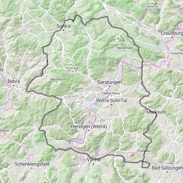 Map miniature of "Vacha to Tiefenort Road Cycling Route" cycling inspiration in Thüringen, Germany. Generated by Tarmacs.app cycling route planner