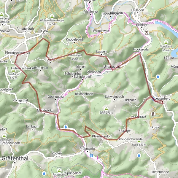 Map miniature of "Gravel Tour: Exploring Leutenberg and Surrounding Villages" cycling inspiration in Thüringen, Germany. Generated by Tarmacs.app cycling route planner