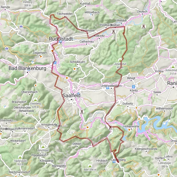 Karten-Miniaturansicht der Radinspiration "Schlösser und Hügelrunden" in Thüringen, Germany. Erstellt vom Tarmacs.app-Routenplaner für Radtouren