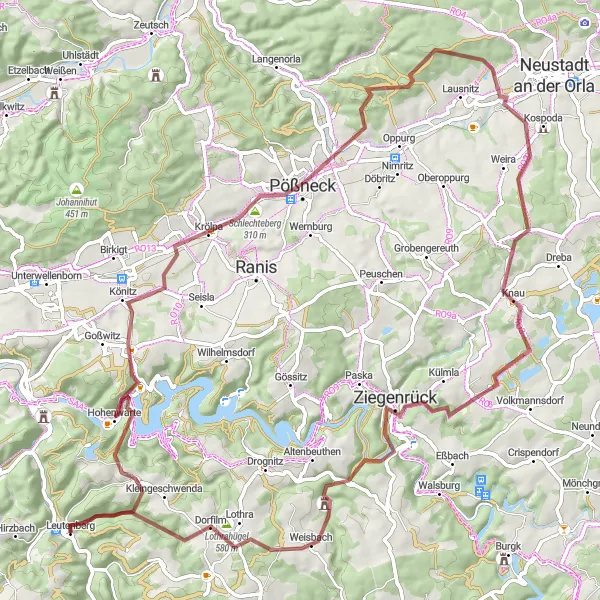 Karten-Miniaturansicht der Radinspiration "Hügelige Wege und Burgenzauber" in Thüringen, Germany. Erstellt vom Tarmacs.app-Routenplaner für Radtouren