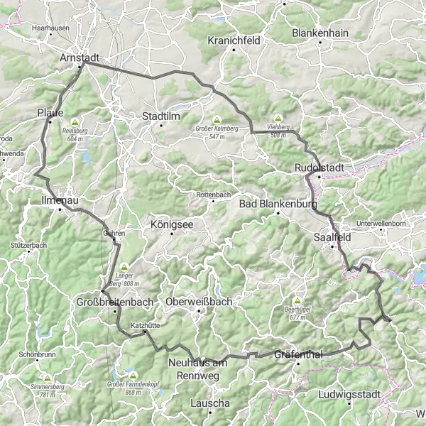 Map miniature of "Road Cycling: Thüringen Expedition" cycling inspiration in Thüringen, Germany. Generated by Tarmacs.app cycling route planner