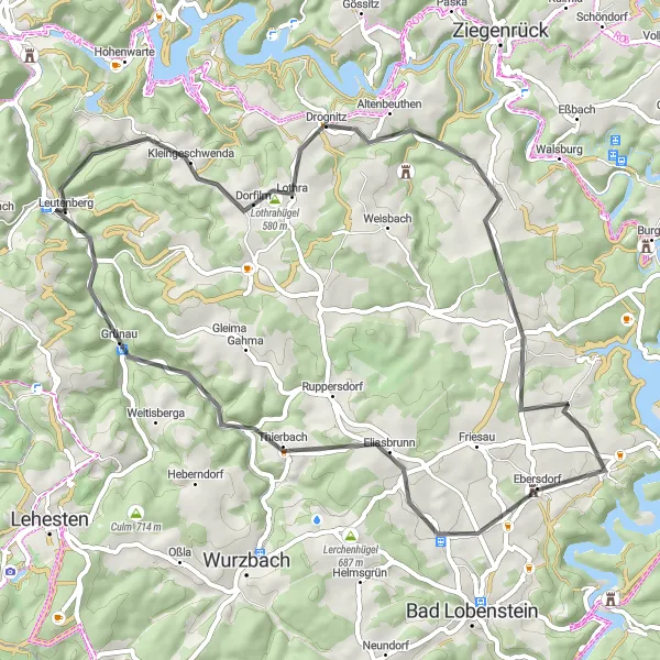 Karten-Miniaturansicht der Radinspiration "Panorama-Tour durch Drognitz und Friesauer Hügel" in Thüringen, Germany. Erstellt vom Tarmacs.app-Routenplaner für Radtouren