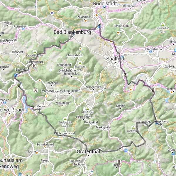 Karten-Miniaturansicht der Radinspiration "Kultur- und Naturtour um Brühl und Bad Blankenburg" in Thüringen, Germany. Erstellt vom Tarmacs.app-Routenplaner für Radtouren