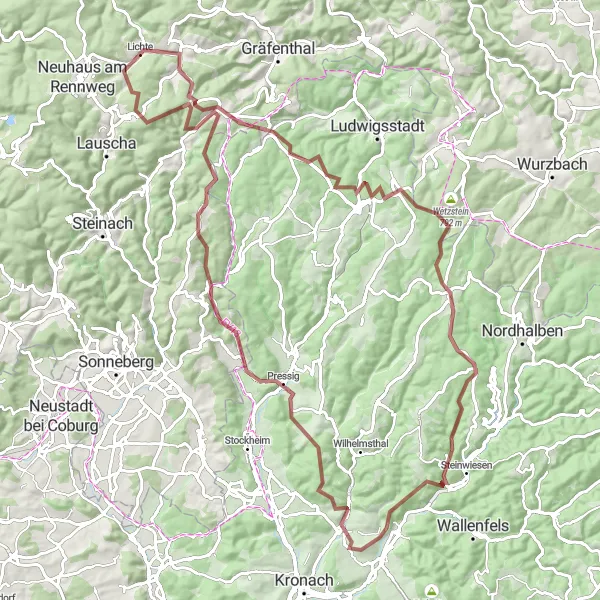 Map miniature of "Around Lichte: Gravel Adventure" cycling inspiration in Thüringen, Germany. Generated by Tarmacs.app cycling route planner