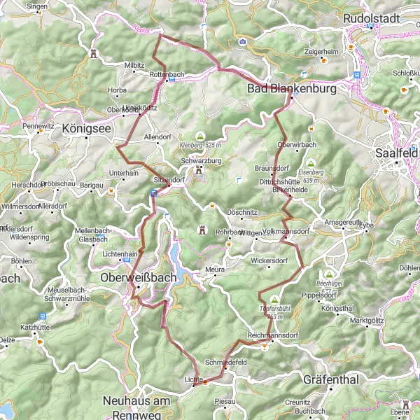 Karten-Miniaturansicht der Radinspiration "Abenteuerliche Tour durch den Thüringer Wald" in Thüringen, Germany. Erstellt vom Tarmacs.app-Routenplaner für Radtouren