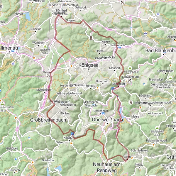 Map miniature of "Through the Wilderness: Gravel Adventure" cycling inspiration in Thüringen, Germany. Generated by Tarmacs.app cycling route planner
