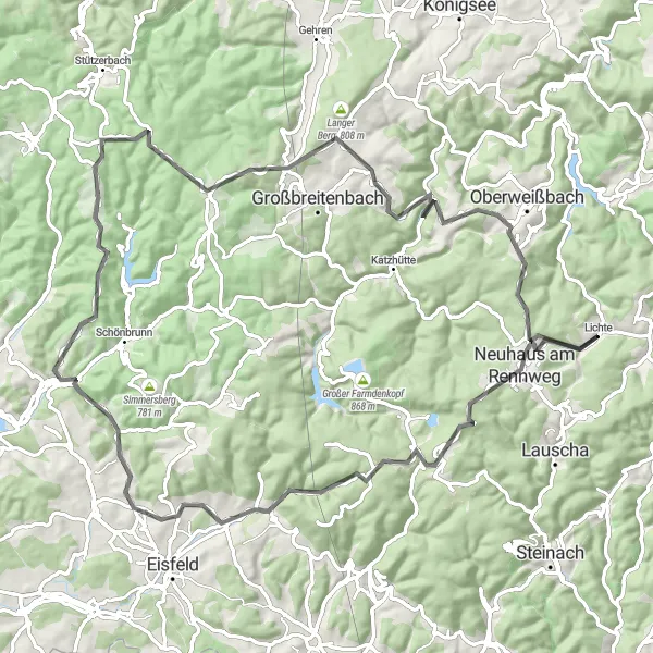 Karten-Miniaturansicht der Radinspiration "Panorama-Radtour durch Thüringen" in Thüringen, Germany. Erstellt vom Tarmacs.app-Routenplaner für Radtouren