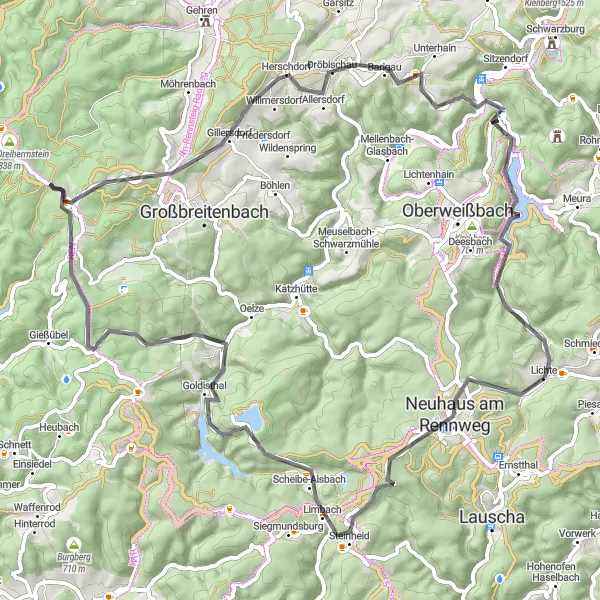 Map miniature of "Rennsteig Highlights" cycling inspiration in Thüringen, Germany. Generated by Tarmacs.app cycling route planner