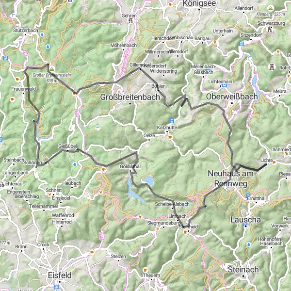 Map miniature of "Discover the Thuringian Forest" cycling inspiration in Thüringen, Germany. Generated by Tarmacs.app cycling route planner