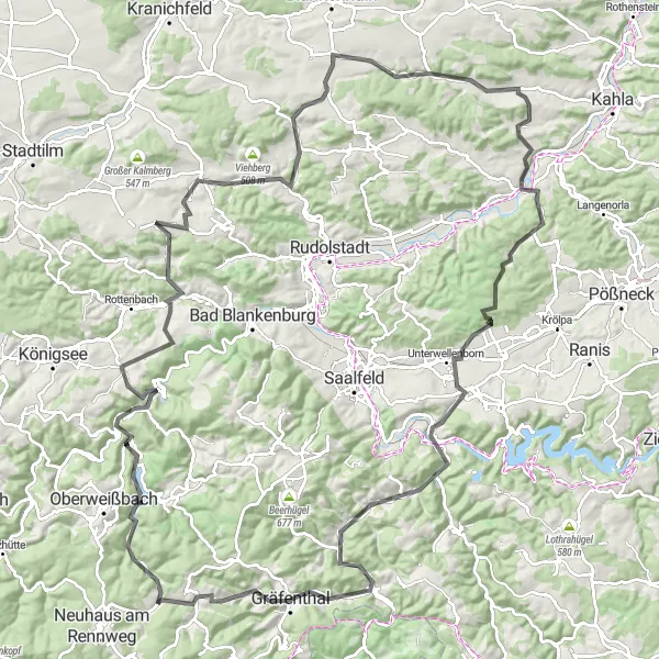 Map miniature of "The Thuringian Hills Road Adventure" cycling inspiration in Thüringen, Germany. Generated by Tarmacs.app cycling route planner