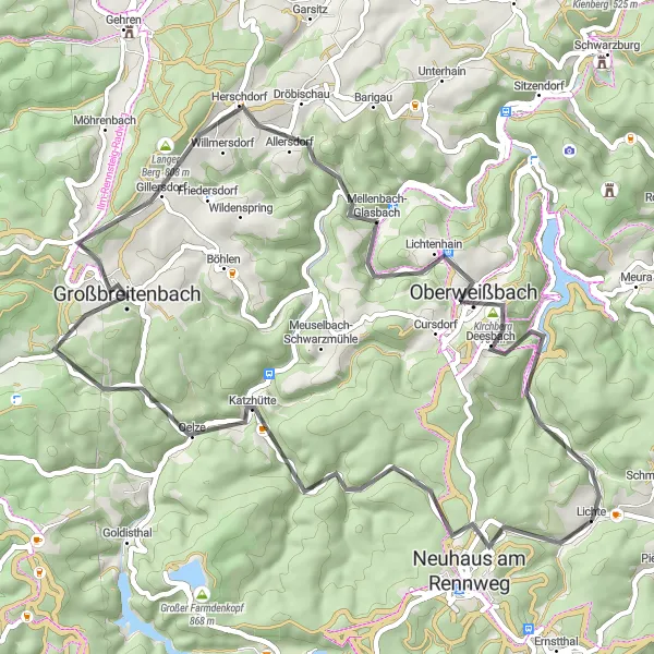 Map miniature of "Apelsberg - Katzhütte - Gillersdorf" cycling inspiration in Thüringen, Germany. Generated by Tarmacs.app cycling route planner