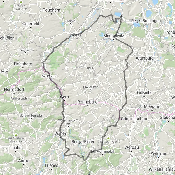 Karten-Miniaturansicht der Radinspiration "Erlebnisreiche Rundtour durch Thüringen" in Thüringen, Germany. Erstellt vom Tarmacs.app-Routenplaner für Radtouren