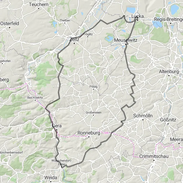 Karten-Miniaturansicht der Radinspiration "Rundfahrt von Lucka nach Gera" in Thüringen, Germany. Erstellt vom Tarmacs.app-Routenplaner für Radtouren