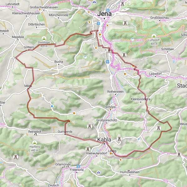 Karten-Miniaturansicht der Radinspiration "Abenteuerliche Reise durch die Natur auf 61 km" in Thüringen, Germany. Erstellt vom Tarmacs.app-Routenplaner für Radtouren