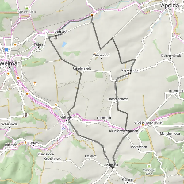 Karten-Miniaturansicht der Radinspiration "Kurz und knackig: Roadbike-Tour rund um Magdala" in Thüringen, Germany. Erstellt vom Tarmacs.app-Routenplaner für Radtouren