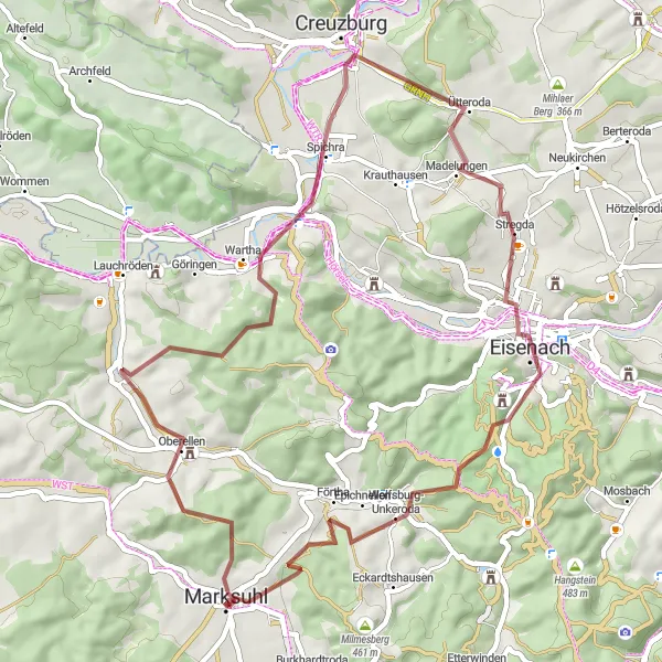 Karten-Miniaturansicht der Radinspiration "Entdeckungstour rund um Creuzburg" in Thüringen, Germany. Erstellt vom Tarmacs.app-Routenplaner für Radtouren