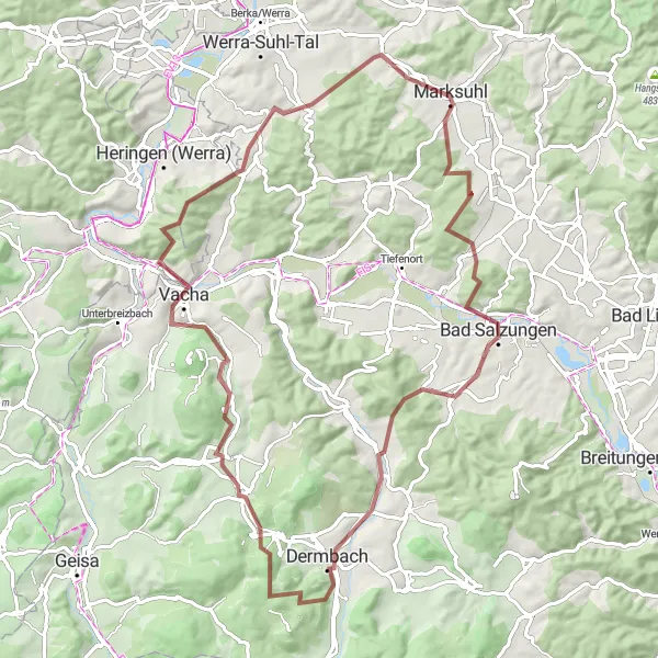 Karten-Miniaturansicht der Radinspiration "Herausfordernde Gravel-Tour durch Oechsen" in Thüringen, Germany. Erstellt vom Tarmacs.app-Routenplaner für Radtouren