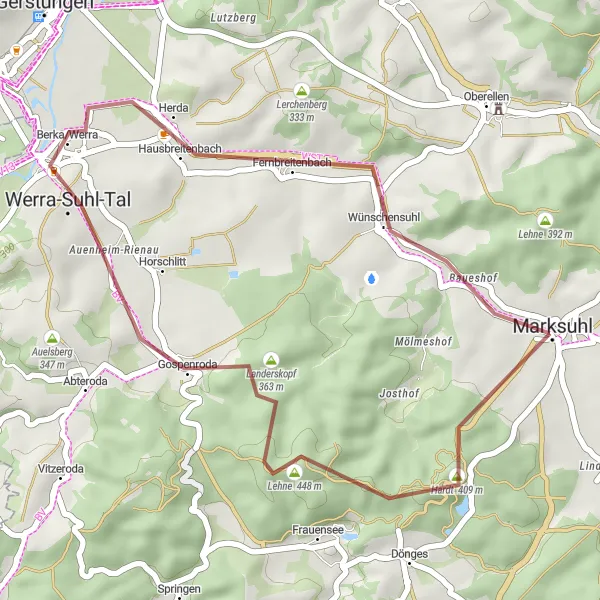 Karten-Miniaturansicht der Radinspiration "Erkundungstour um Marksuhl" in Thüringen, Germany. Erstellt vom Tarmacs.app-Routenplaner für Radtouren