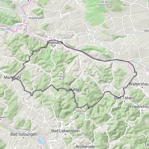 Karten-Miniaturansicht der Radinspiration "Wartburg und Mörsche Kuppe Tour" in Thüringen, Germany. Erstellt vom Tarmacs.app-Routenplaner für Radtouren