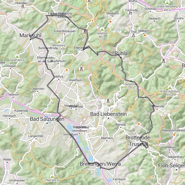 Map miniature of "Panoramic Tour through the Thuringian Forest" cycling inspiration in Thüringen, Germany. Generated by Tarmacs.app cycling route planner