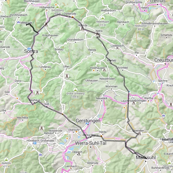 Map miniature of "Challenging Hills of Thuringia" cycling inspiration in Thüringen, Germany. Generated by Tarmacs.app cycling route planner
