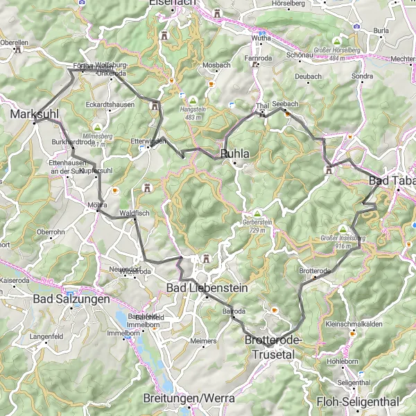 Map miniature of "Suhl Wine Route" cycling inspiration in Thüringen, Germany. Generated by Tarmacs.app cycling route planner