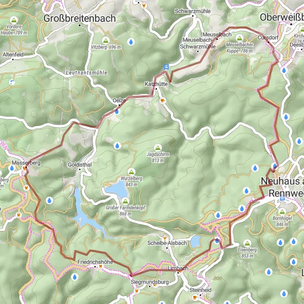Map miniature of "Gravel Adventure through Thuringian Forest" cycling inspiration in Thüringen, Germany. Generated by Tarmacs.app cycling route planner