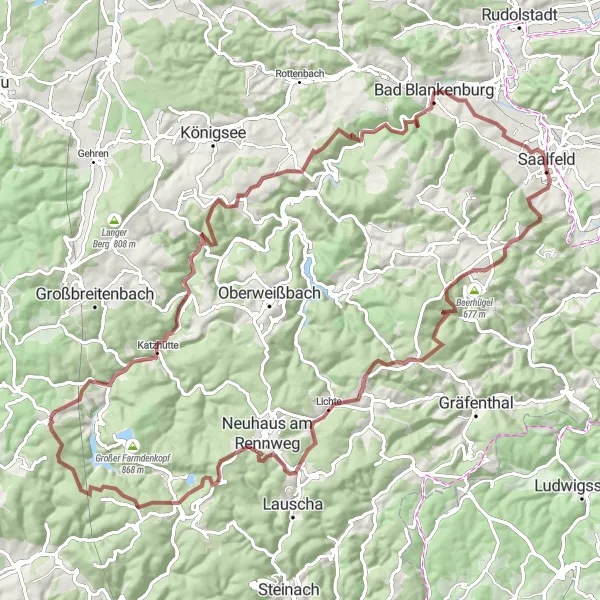 Map miniature of "The Gravel Rollercoaster" cycling inspiration in Thüringen, Germany. Generated by Tarmacs.app cycling route planner