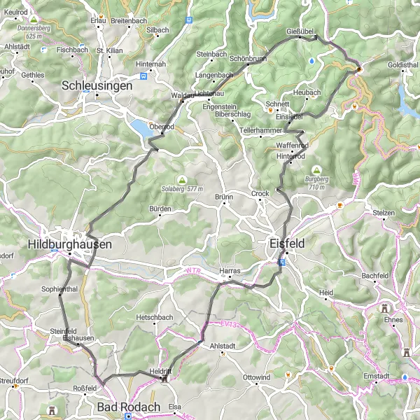 Map miniature of "The Scenic Road Loop" cycling inspiration in Thüringen, Germany. Generated by Tarmacs.app cycling route planner