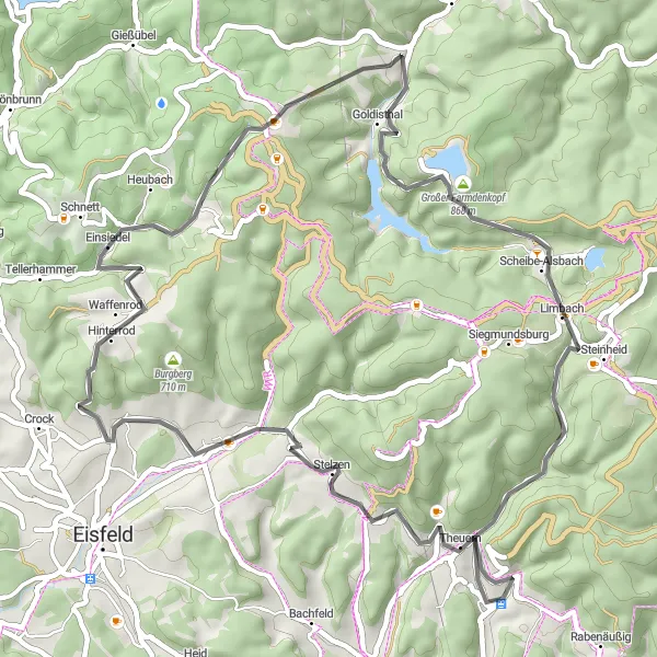 Map miniature of "Thuringian Hill Loop" cycling inspiration in Thüringen, Germany. Generated by Tarmacs.app cycling route planner