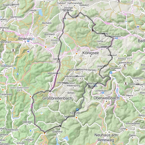 Map miniature of "Thuringian Delights" cycling inspiration in Thüringen, Germany. Generated by Tarmacs.app cycling route planner