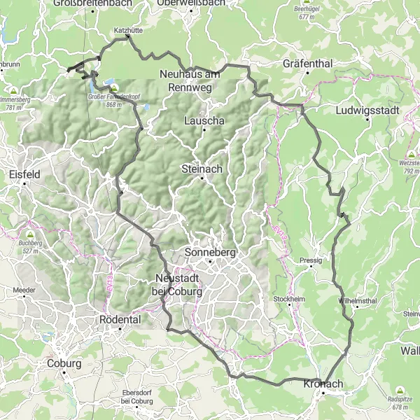 Map miniature of "The Ultimate Thuringian Challenge" cycling inspiration in Thüringen, Germany. Generated by Tarmacs.app cycling route planner