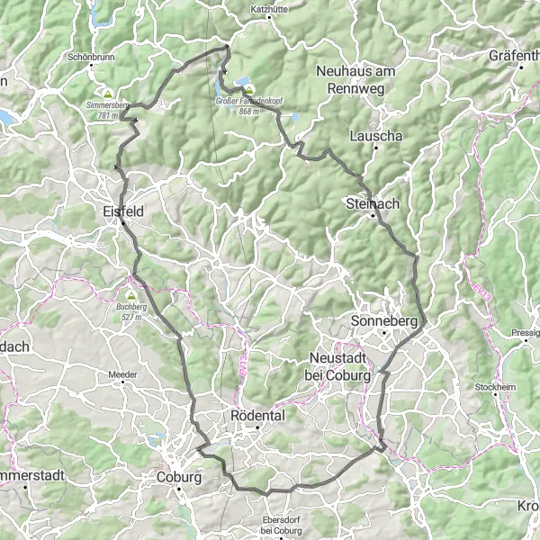 Map miniature of "Centenary Ride through Thuringia" cycling inspiration in Thüringen, Germany. Generated by Tarmacs.app cycling route planner