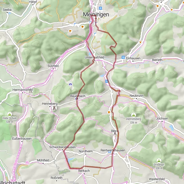 Map miniature of "Off-Road Adventure to Hexenberg and Untermaßfeld" cycling inspiration in Thüringen, Germany. Generated by Tarmacs.app cycling route planner