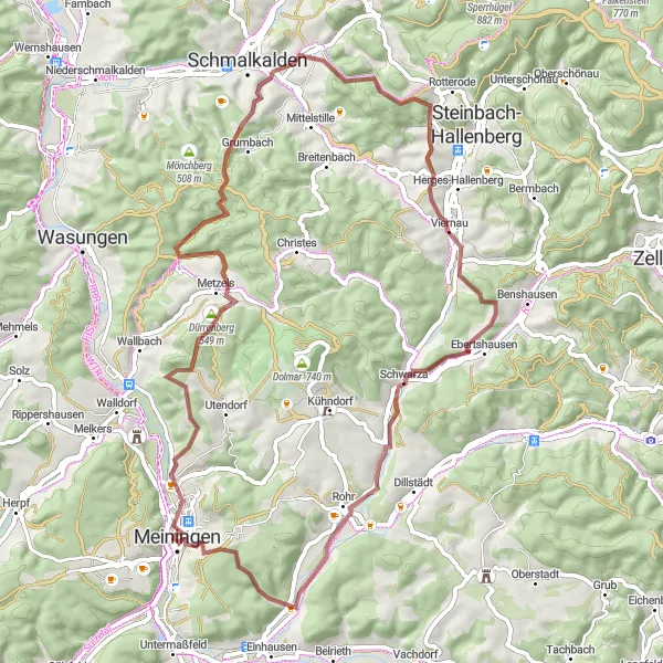 Karten-Miniaturansicht der Radinspiration "Wald und Bergwege um Meiningen" in Thüringen, Germany. Erstellt vom Tarmacs.app-Routenplaner für Radtouren
