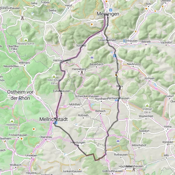 Map miniature of "Rentwertshausen and Rappershausen Cycling Route" cycling inspiration in Thüringen, Germany. Generated by Tarmacs.app cycling route planner