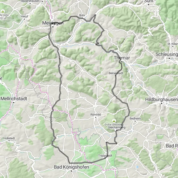 Karten-Miniaturansicht der Radinspiration "Road-Route Meiningen - Altstadtblick" in Thüringen, Germany. Erstellt vom Tarmacs.app-Routenplaner für Radtouren
