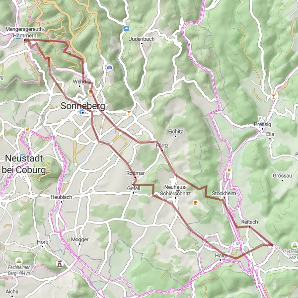 Map miniature of "Gravel Cycling in the Forests of Mengersgereuth-Hämmern" cycling inspiration in Thüringen, Germany. Generated by Tarmacs.app cycling route planner