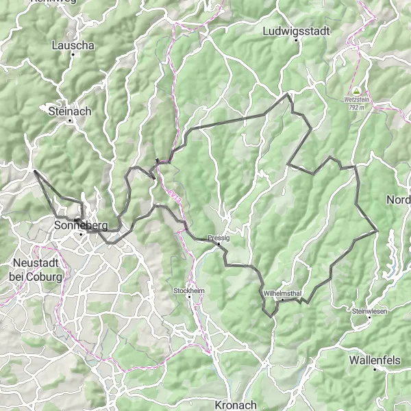 Map miniature of "Thuringian Mountain Challenge" cycling inspiration in Thüringen, Germany. Generated by Tarmacs.app cycling route planner