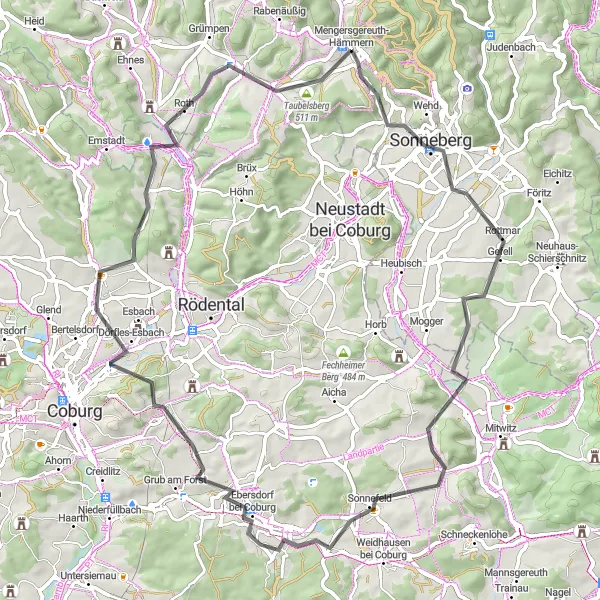 Karten-Miniaturansicht der Radinspiration "Rund um Mengersgereuth-Hämmern" in Thüringen, Germany. Erstellt vom Tarmacs.app-Routenplaner für Radtouren