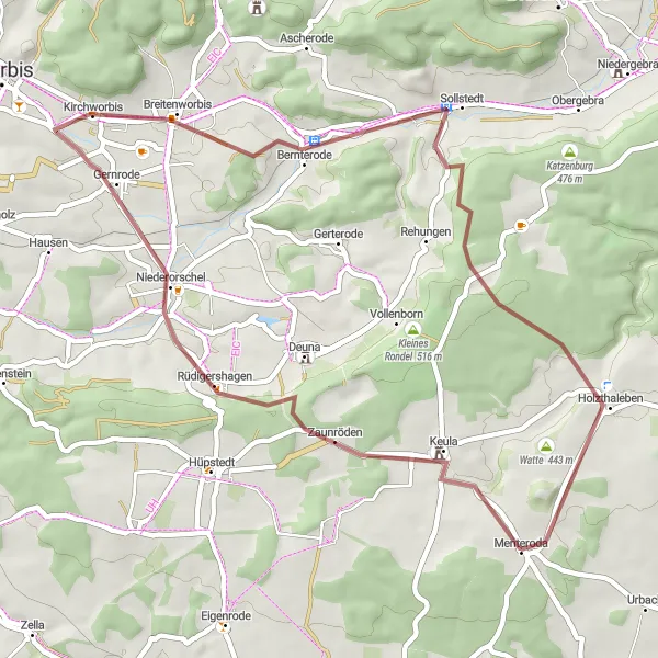 Map miniature of "Through the Countryside" cycling inspiration in Thüringen, Germany. Generated by Tarmacs.app cycling route planner